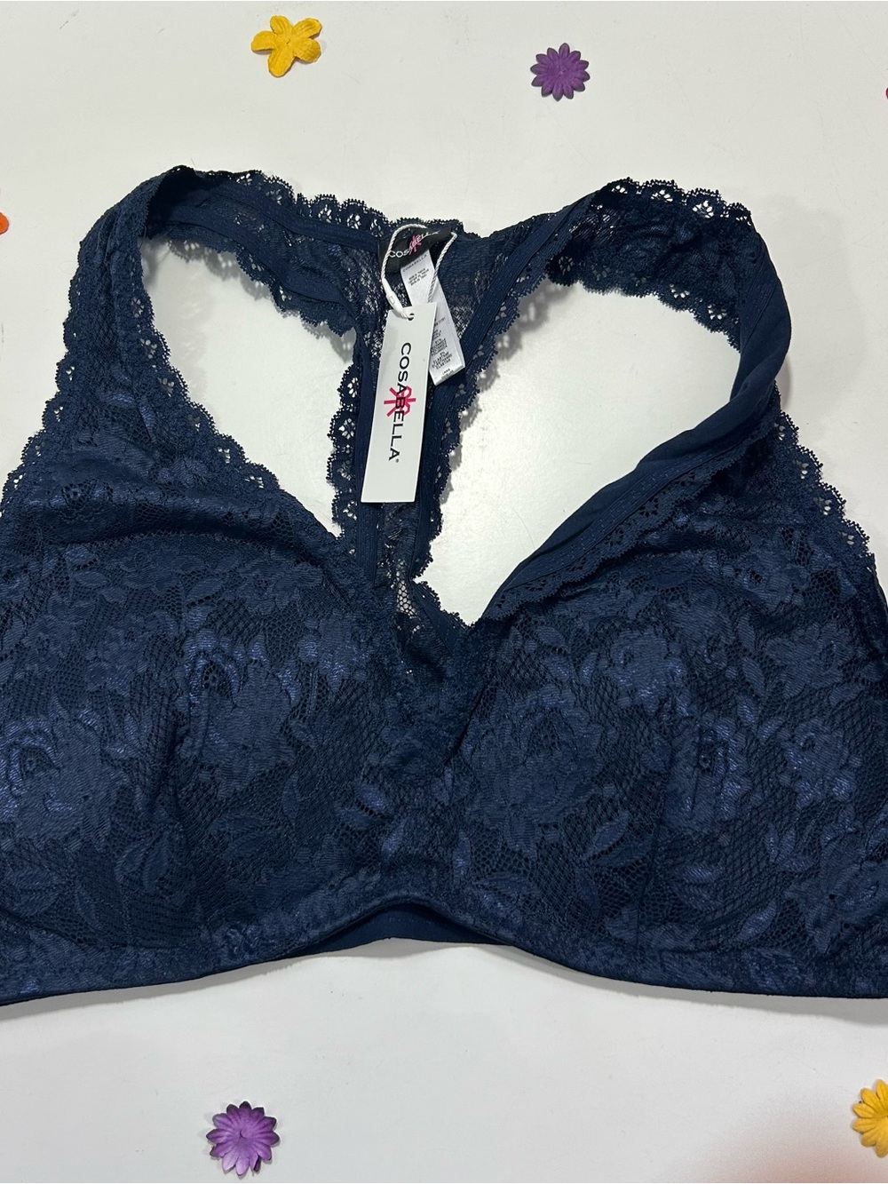 Cosabella Never Say Never Curvy Lined Navy Blue Lace Racerback Bralette XL NWT